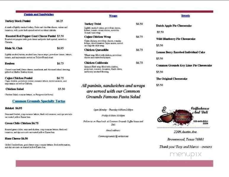 Common Grounds Coffeehouse - Brownwood, TX menu_pic