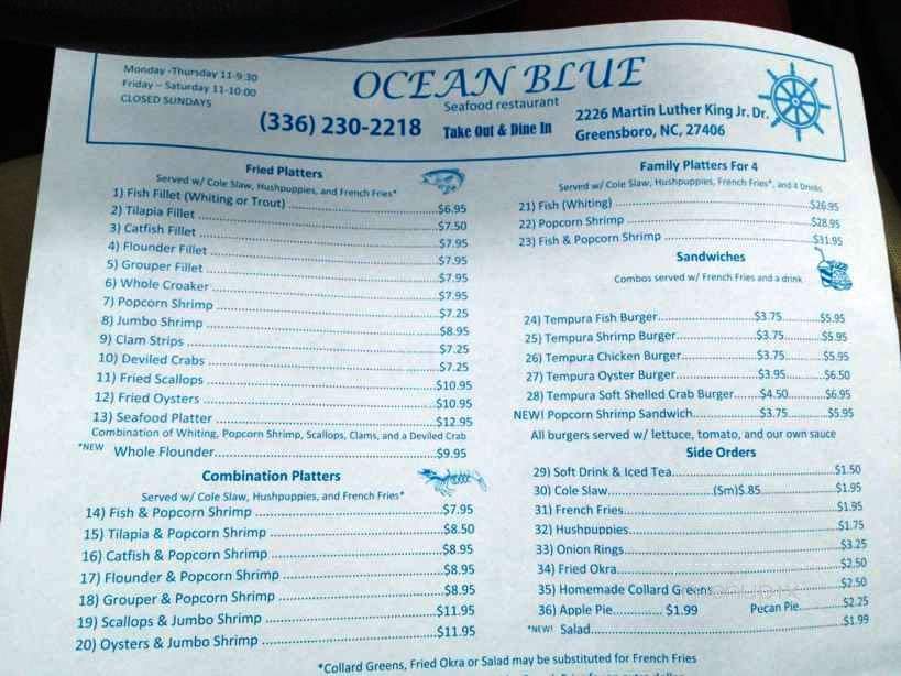 Menu of Ocean Blue Seafood in Greensboro, NC 27406
