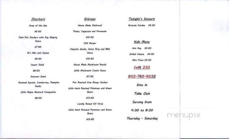 232 Cafe - Strafford, VT menu_pic