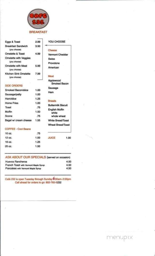 232 Cafe - Strafford, VT menu_pic