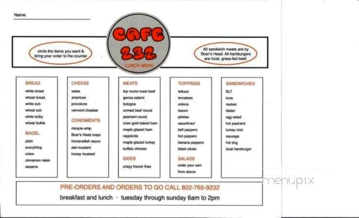 232 Cafe - Strafford, VT menu_pic