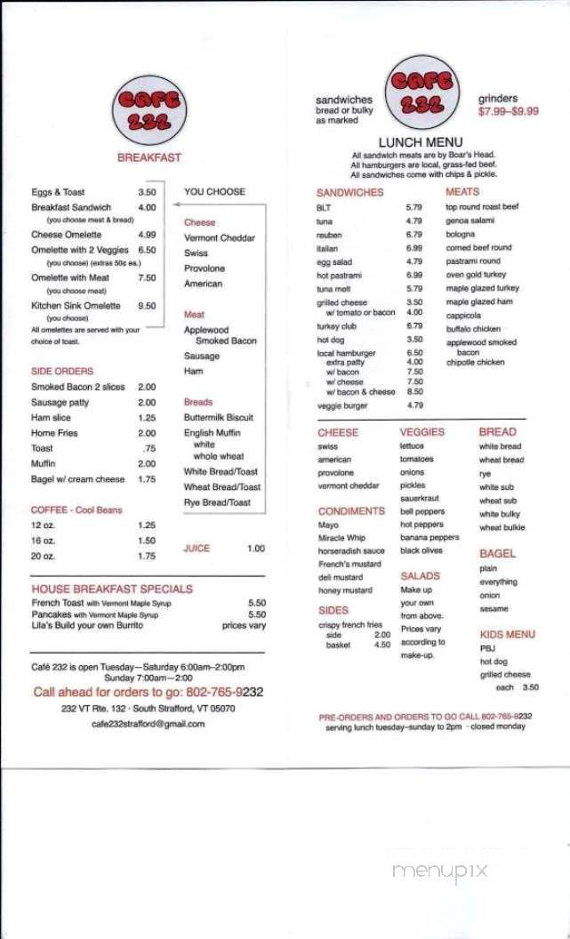 232 Cafe - Strafford, VT menu_pic