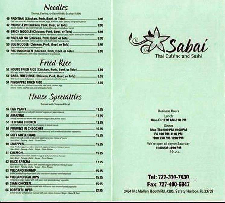 Sabai Thai Cuisine and Sushi - Safety Harbor, FL menu_pic