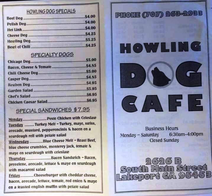 Howling Dog Cafe - Lakeport, CA menu_pic