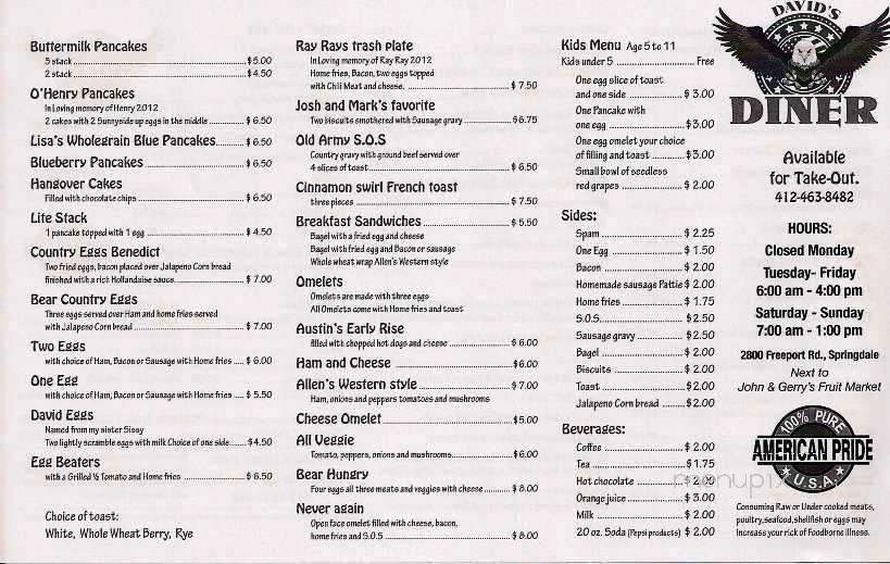 David's Diner - Springdale, PA menu_pic