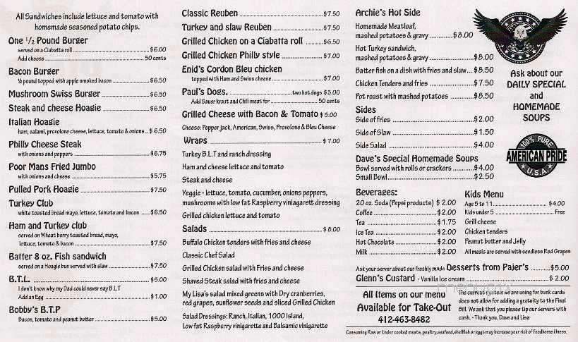 David's Diner - Springdale, PA menu_pic