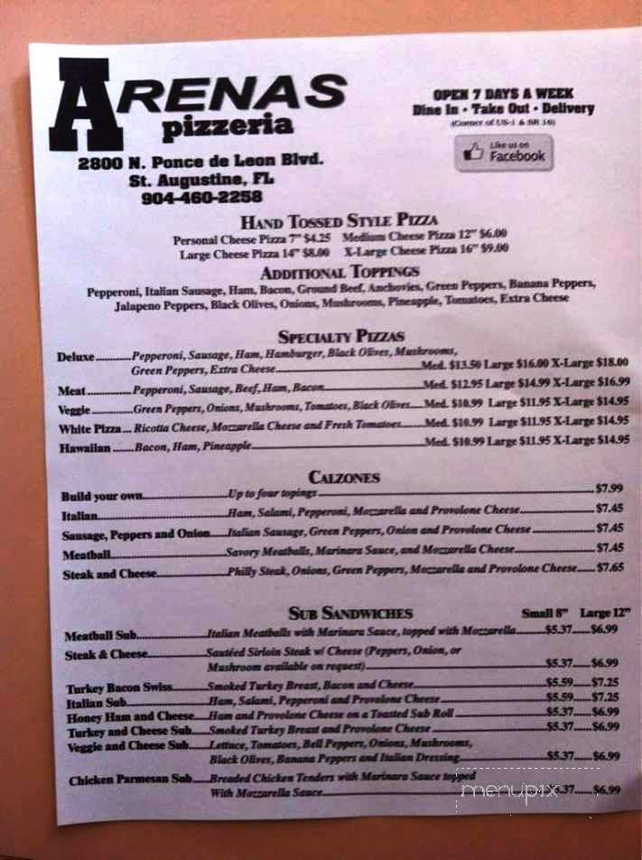 Arena's Pizzeria - St Augustine, FL menu_pic