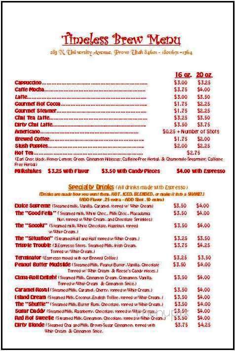 Timeless Brew, Coffee Shop - Provo, UT menu_pic