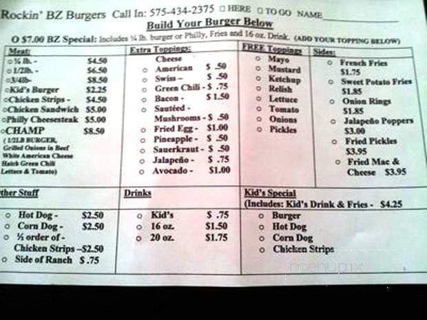 Rockin BZ Burgers - Alamogordo, NM menu_pic