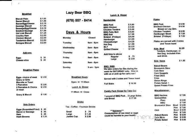 Lazy Bear BBQ - Gainesville, GA menu_pic