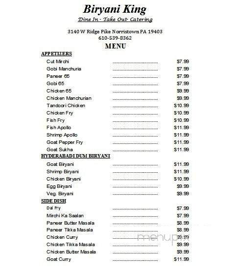 Biryani King - Norristown, PA menu_pic
