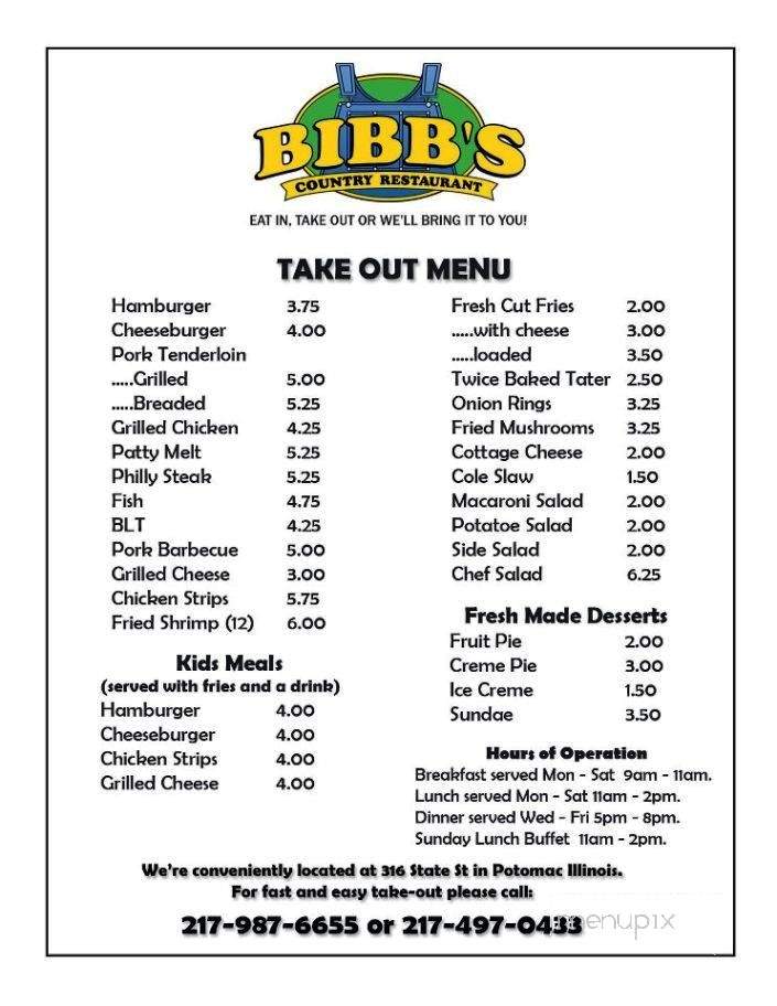 Bibb's Country Restaurant - Potomac, IL menu_pic
