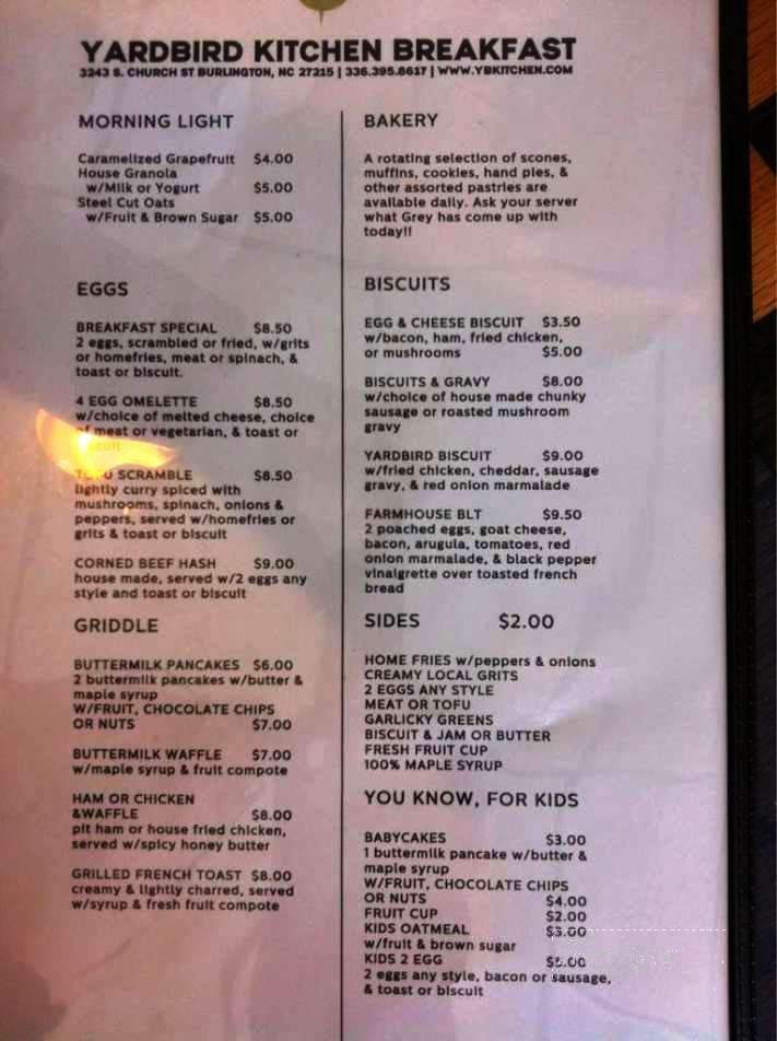 Yard Bird Kitchen - Burlington, NC menu_pic