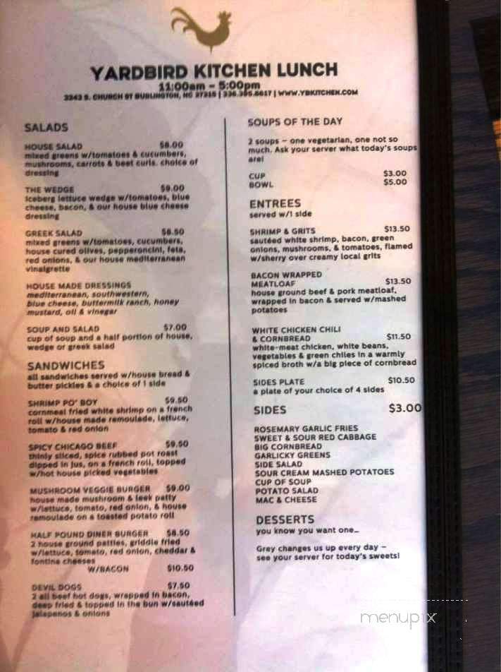 Yard Bird Kitchen - Burlington, NC menu_pic