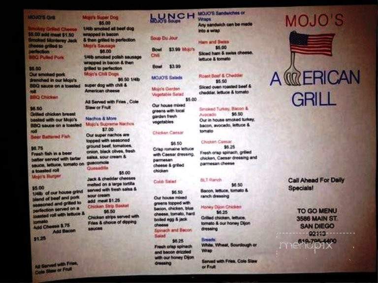 Mojo's American Grill - San Diego, CA menu_pic