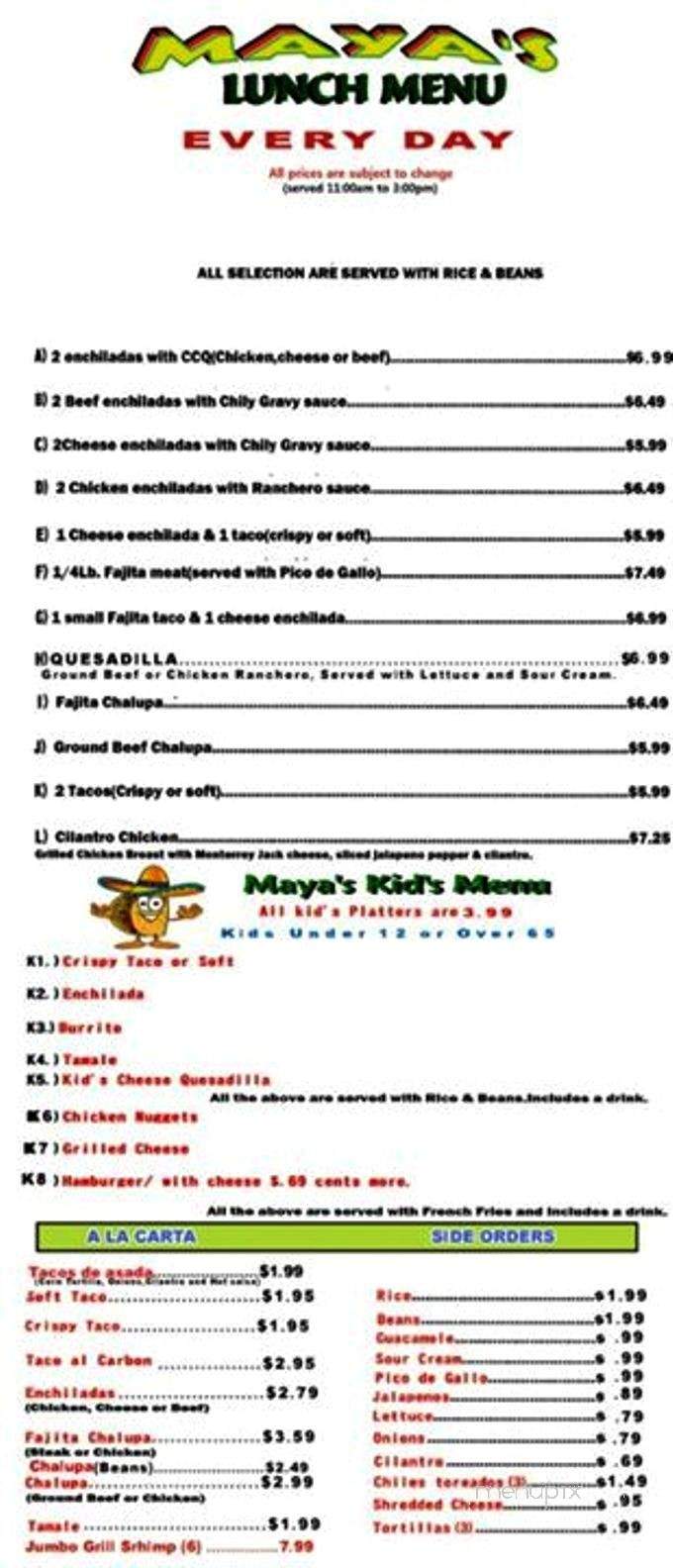 Maya's Mexican Restaurant - Mount Vernon, TX menu_pic