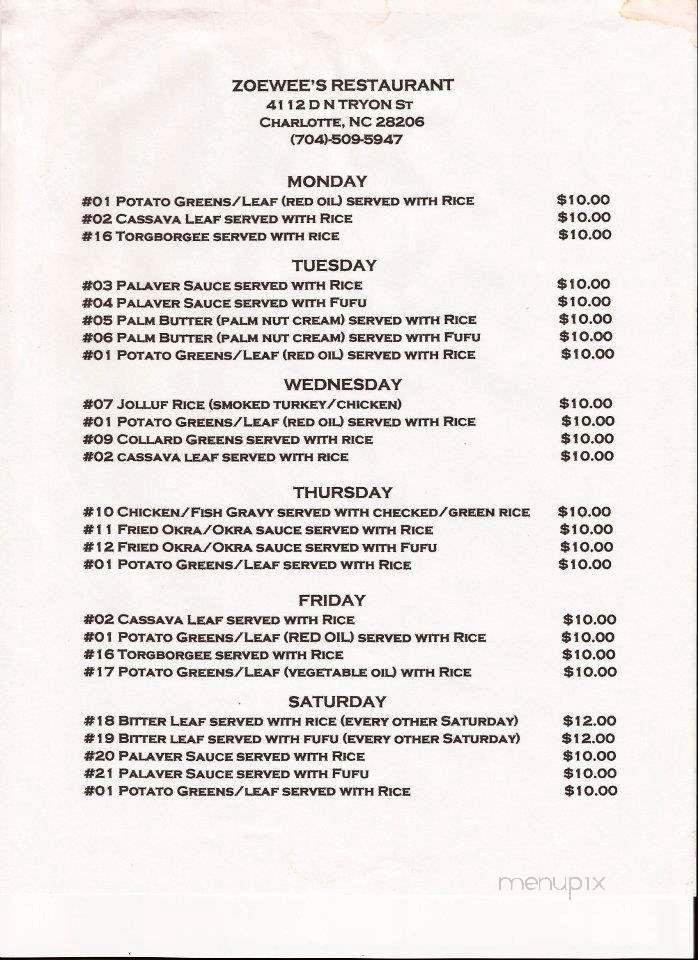 Zoewee's - Charlotte, NC menu_pic