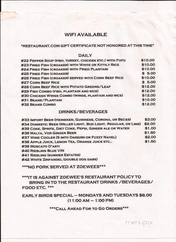 Zoewee's - Charlotte, NC menu_pic