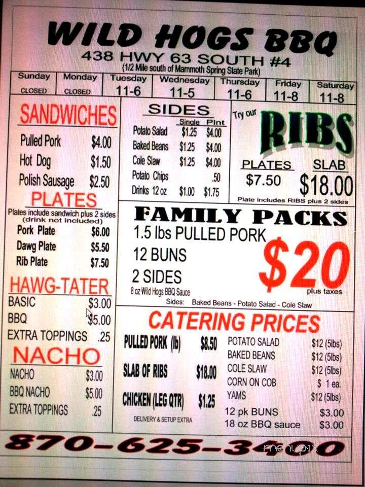 Wild Hogs BBQ - Mammoth Spring, AR menu_pic