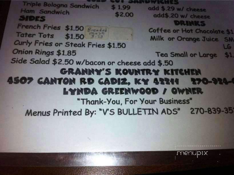 Granny's Kountry Kitchen - Cadiz, KY menu_pic