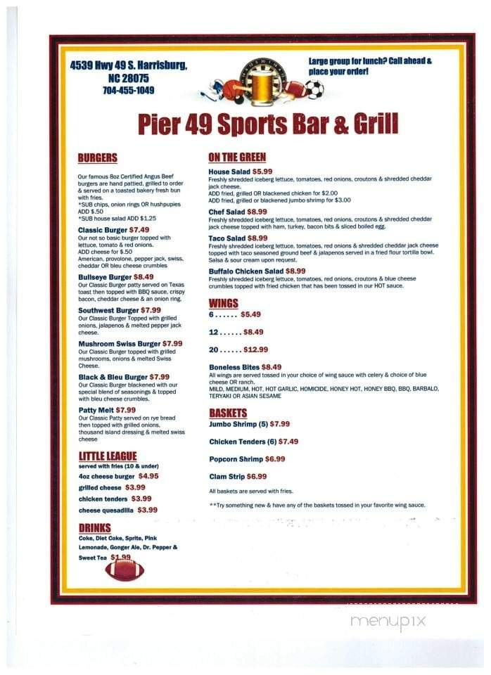 Pier 49 South Sports Grill - Harrisburg, NC menu_pic