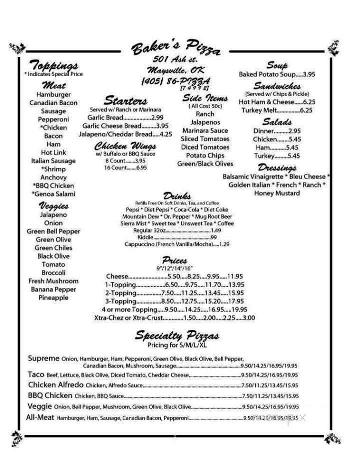 Menu of Baker's Pizza in Maysville, OK 73057