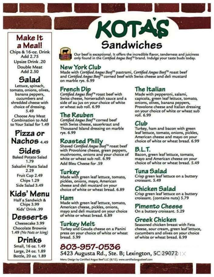 Kota's Sandwiches - Lexington, SC menu_pic