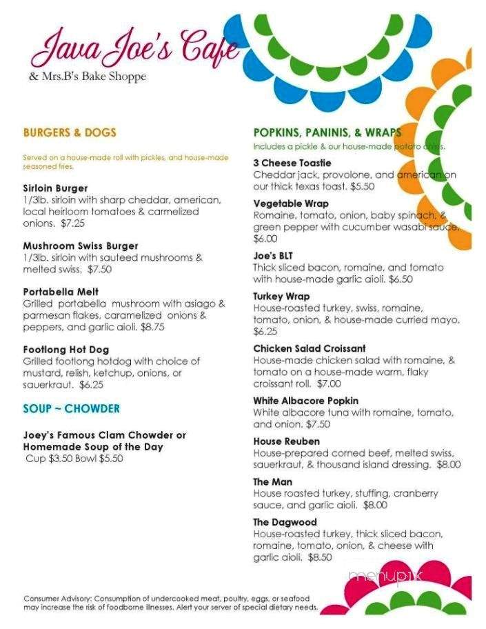 Java Joe's cafe - Hancock, MA menu_pic