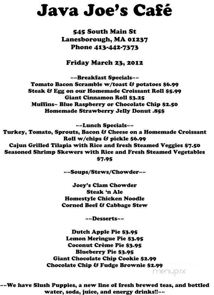 Java Joe's cafe - Hancock, MA menu_pic