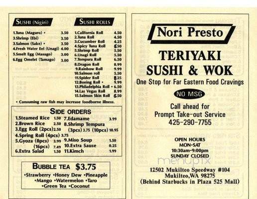 Nori Presto Teriyaki and Sushi - Everett, WA menu_pic