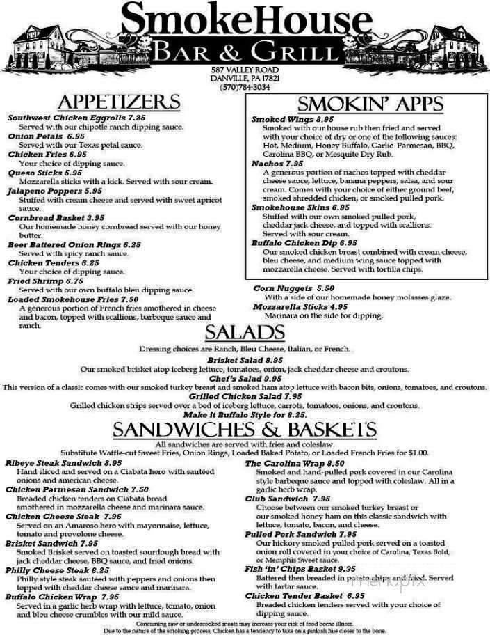SmokeHouse Bar Grill - Danville, PA menu_pic
