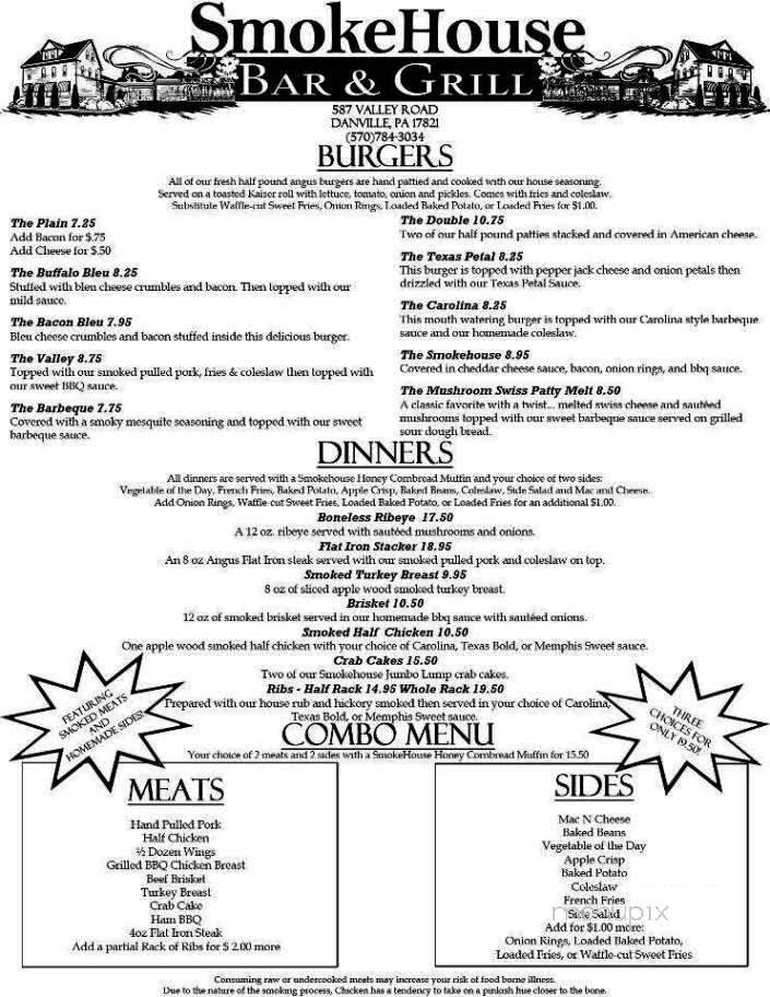 SmokeHouse Bar Grill - Danville, PA menu_pic
