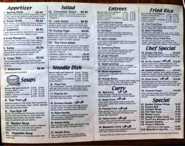 The Cove Thai Cuisine - Coupeville, WA menu_pic