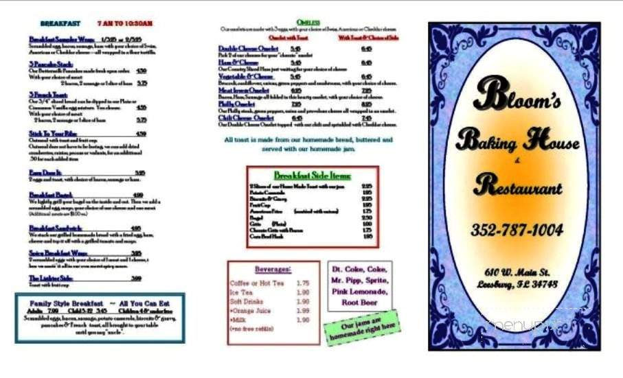 Bloom's Baking House & Restaurant - Leesburg, FL menu_pic