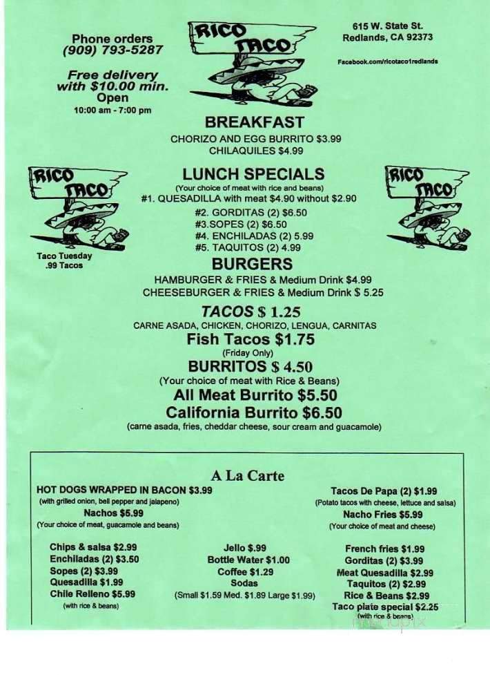 Rico Taco - Redlands, CA menu_pic