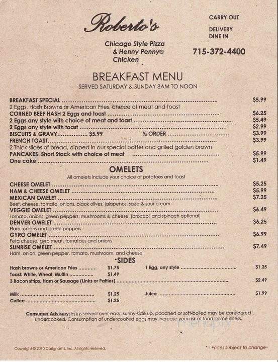 Roberto's Chicago Style Pizza - Iron River, WI menu_pic