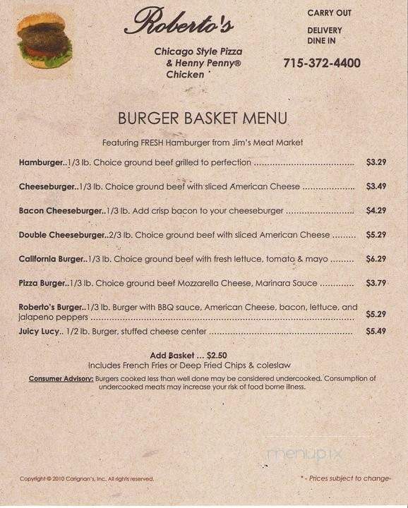 Roberto's Chicago Style Pizza - Iron River, WI menu_pic