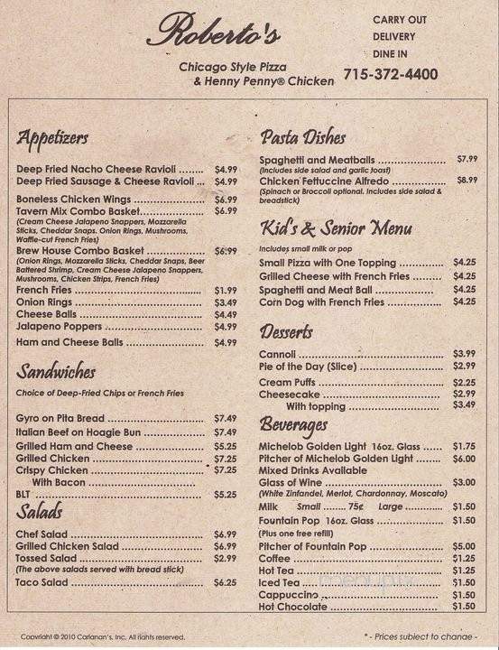 Roberto's Chicago Style Pizza - Iron River, WI menu_pic