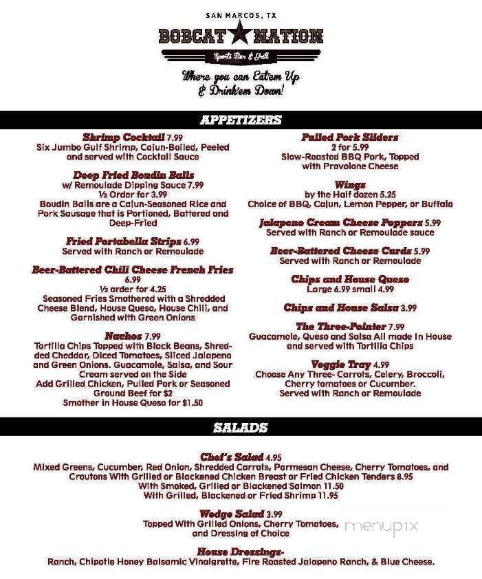 Bobcat Nation Sports Bar & Grill - San Marcos, TX menu_pic