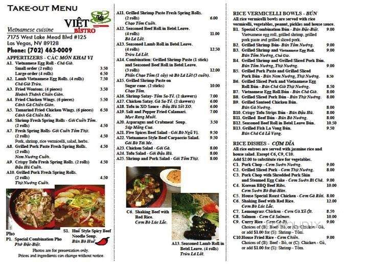 Viet Bistro - Las Vegas, NV menu_pic