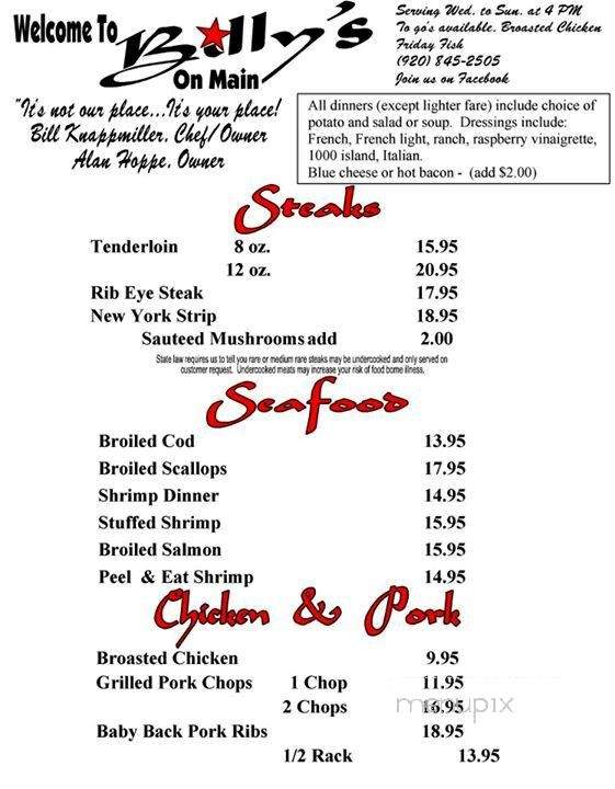 Billy's on Main - Luxemburg, WI menu_pic