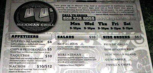 Lulu's Mexican Grill - Honolulu, HI menu_pic