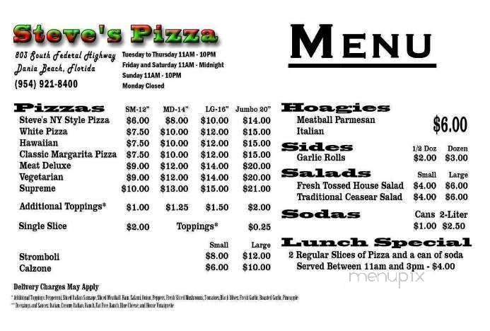 Steve's Pizza - Dania, FL menu_pic