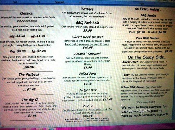Menu of Fatback's Smokin' Racks BBQ in Quincy, IL 62301