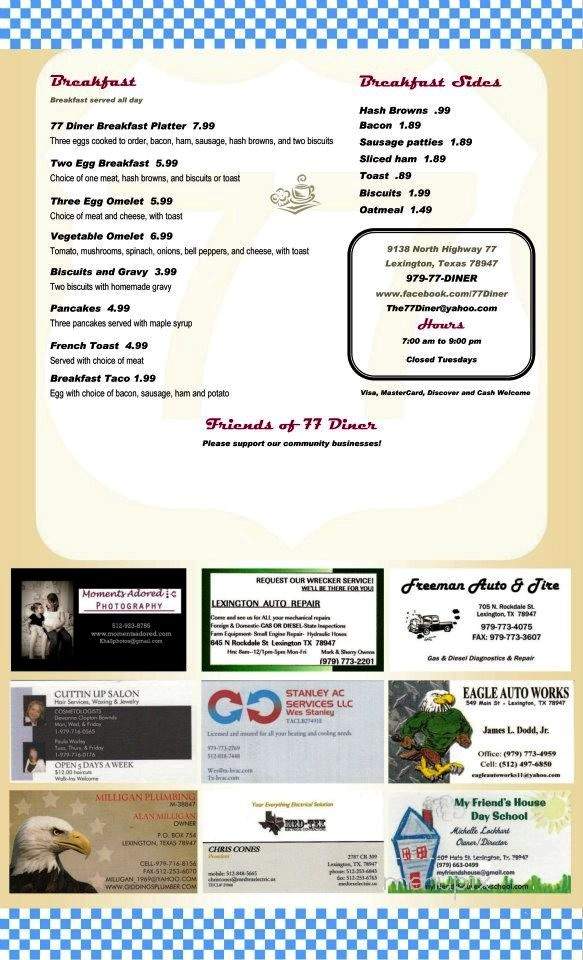 77 Diner - Lexington, TX menu_pic