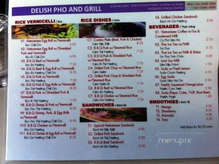 Delish Pho and Grill - La Mesa, CA menu_pic