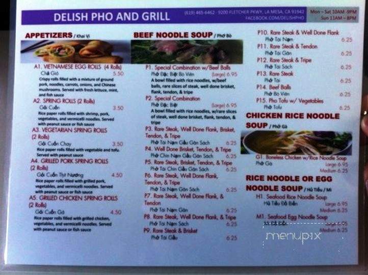 Delish Pho and Grill - La Mesa, CA menu_pic