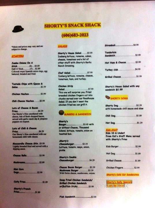 Shortys Snack Shack - Salt Lick, KY menu_pic