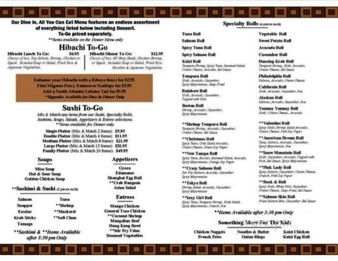 Koizi Endless Hibachi Sushi Eatery - Tampa, FL menu_pic