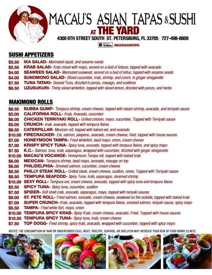 Macau's Asian Tapas Sushi at the Yard - St Petersburg, FL menu_pic